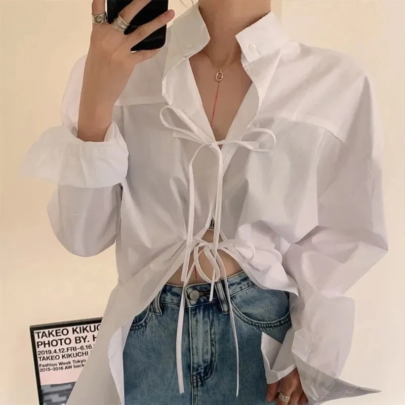 Aiertu Streetwear White Shirts Women Harajuku Oversized Bandage Long Sleeve Blouses Korean Fashion Elegant Casual Chic Tops Spring New