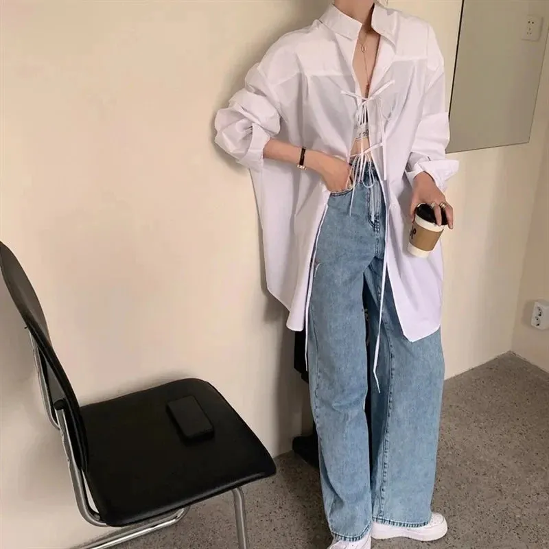 Aiertu Streetwear White Shirts Women Harajuku Oversized Bandage Long Sleeve Blouses Korean Fashion Elegant Casual Chic Tops Spring New