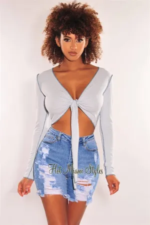 Baby Blue Ribbed Exposed Seams Tie Up Long Sleeve Top