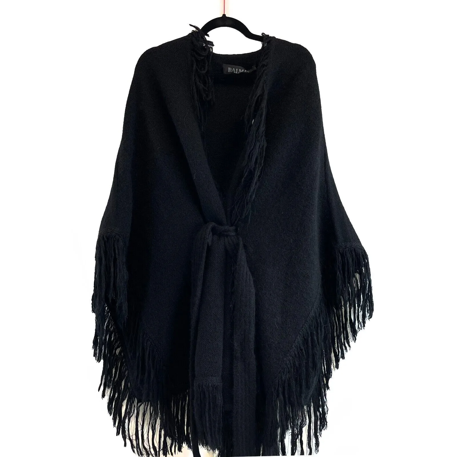 Balmain Pristine Tie Up Poncho Belt and Fringe Black 34 US 2 PRISTINE