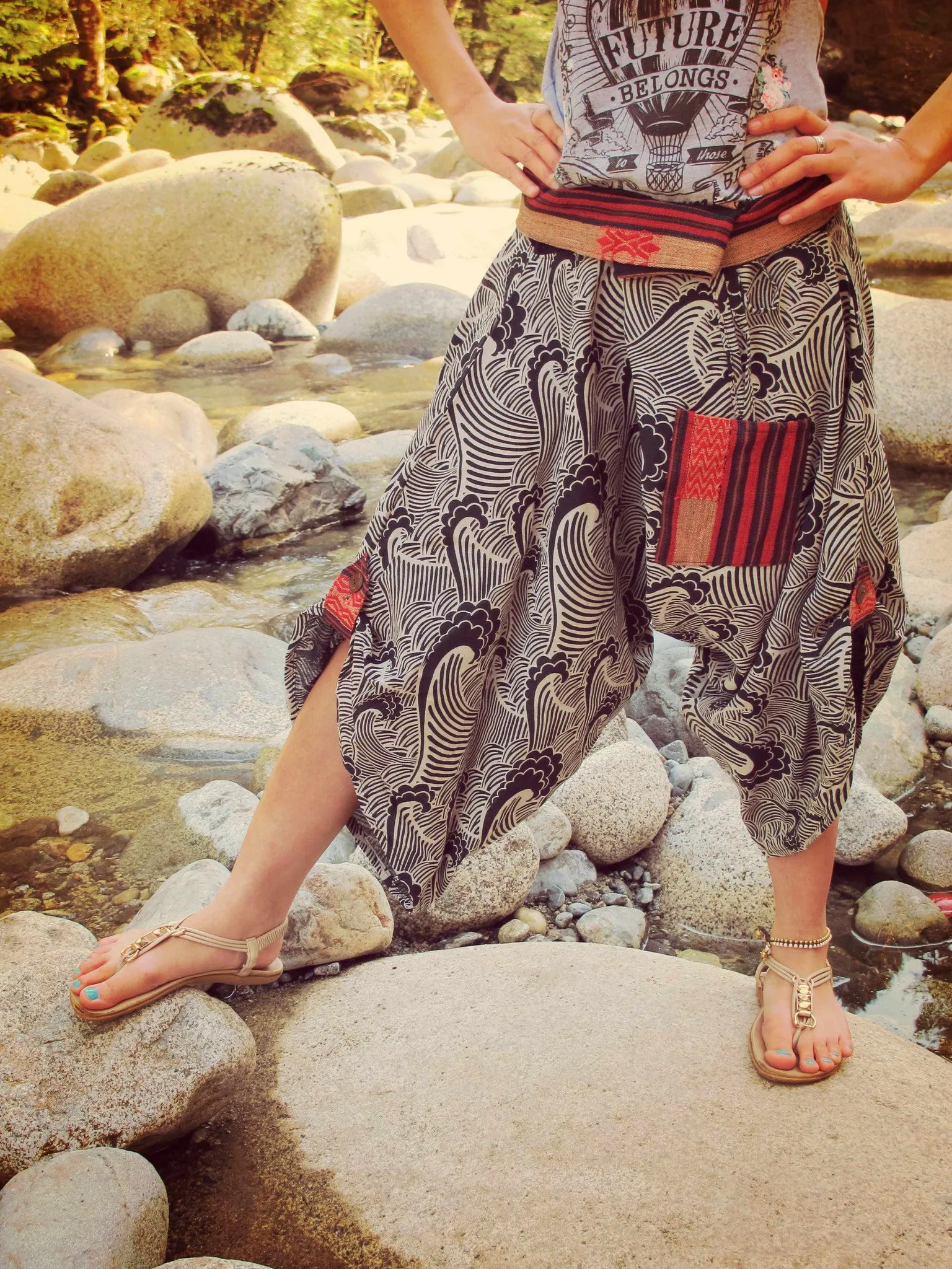 Big Waves (BLACK) Waist-Tied Samurai Pants