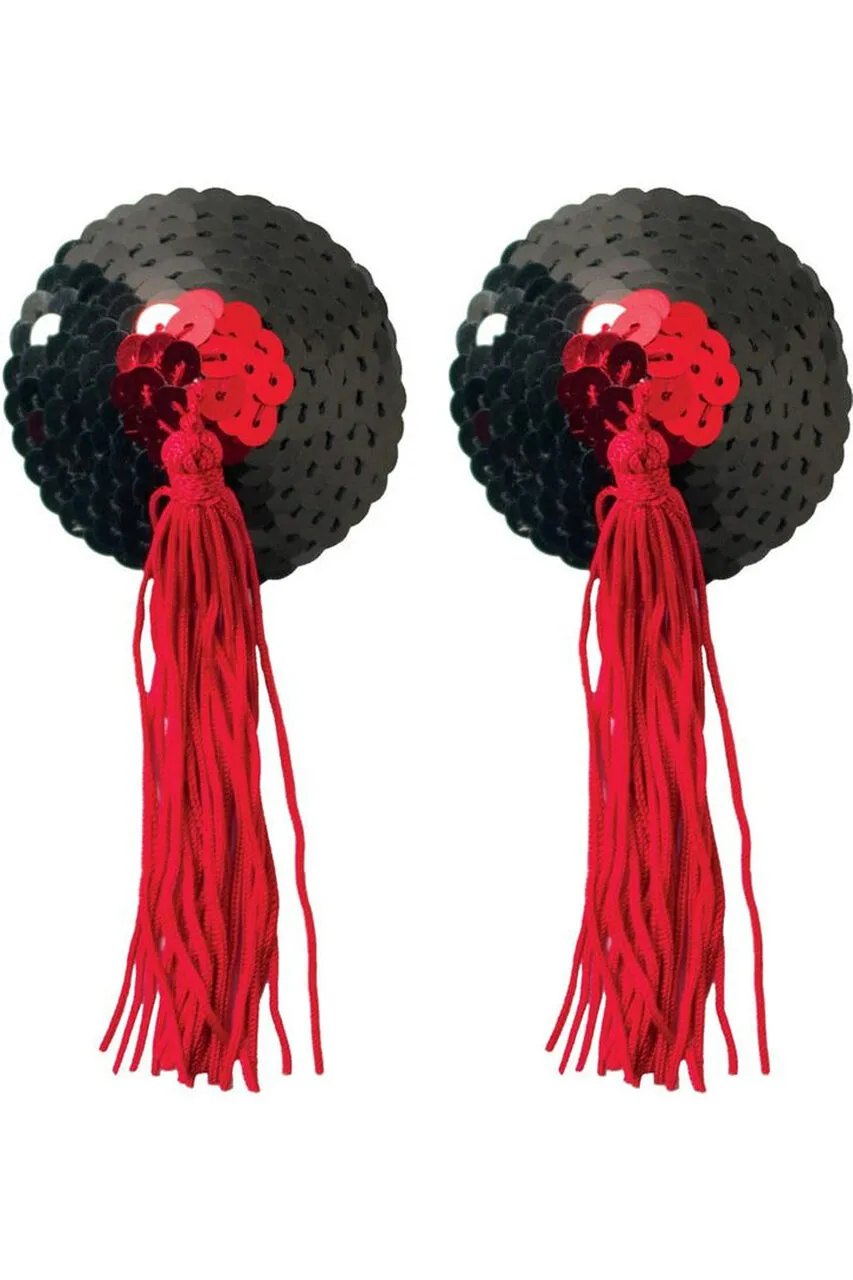 Black & Red Sequin with Black Tassel Nipple Pasties