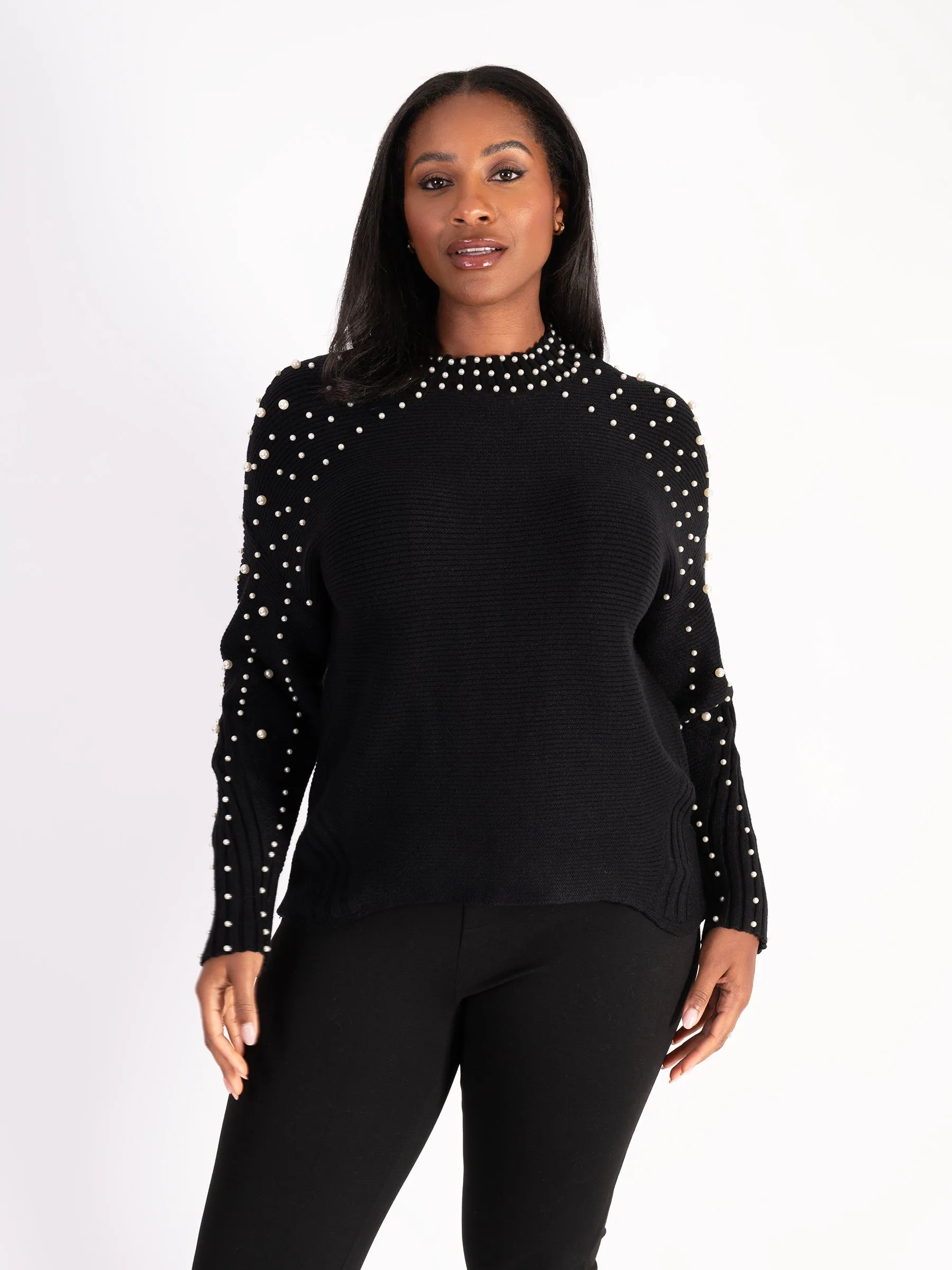 Black Crew Neck Jumper With Pearl Details