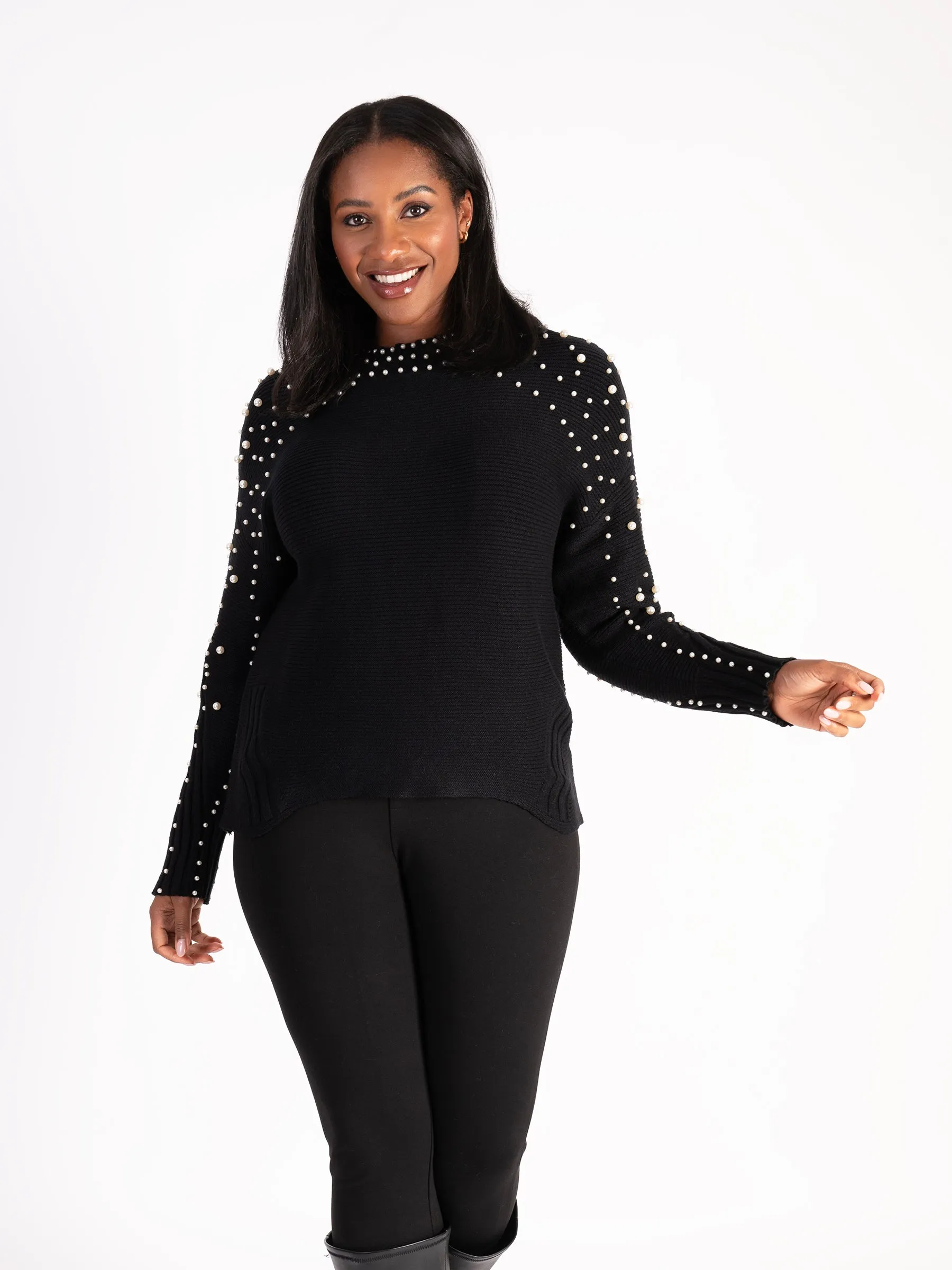 Black Crew Neck Jumper With Pearl Details