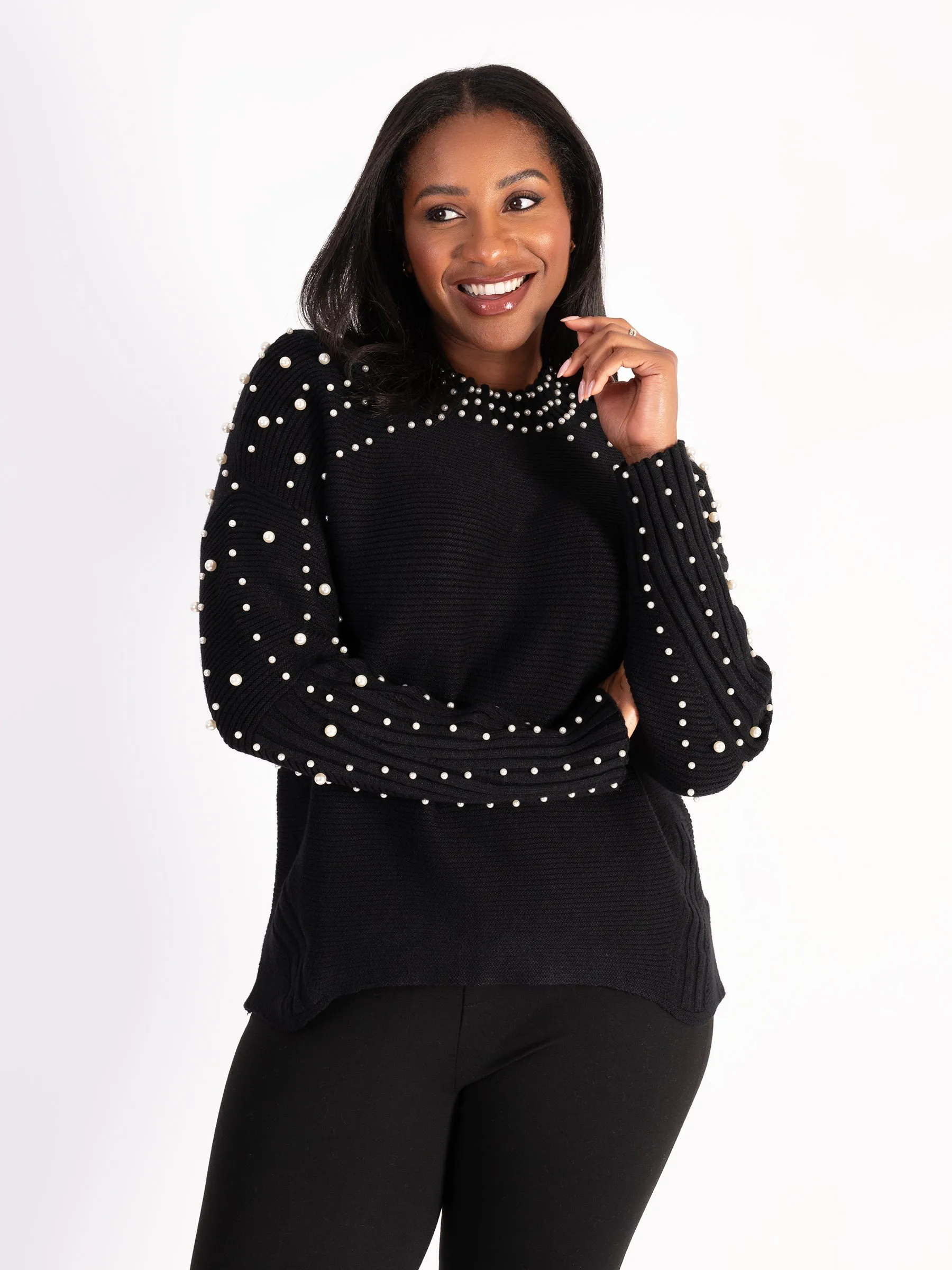 Black Crew Neck Jumper With Pearl Details