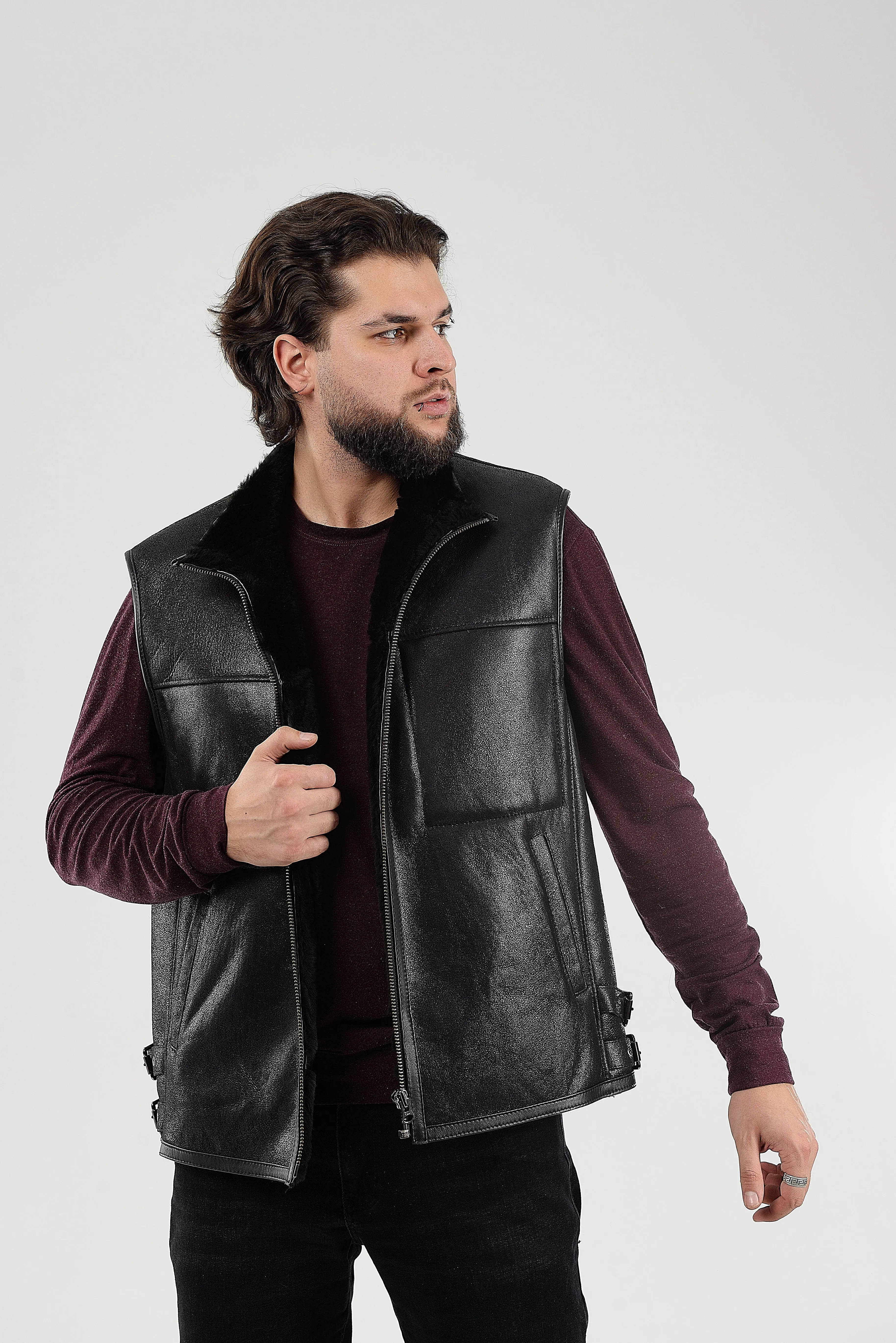 Black Sheepskin Shearling Vest with Special Spray Coating with Front-Zip Pocket