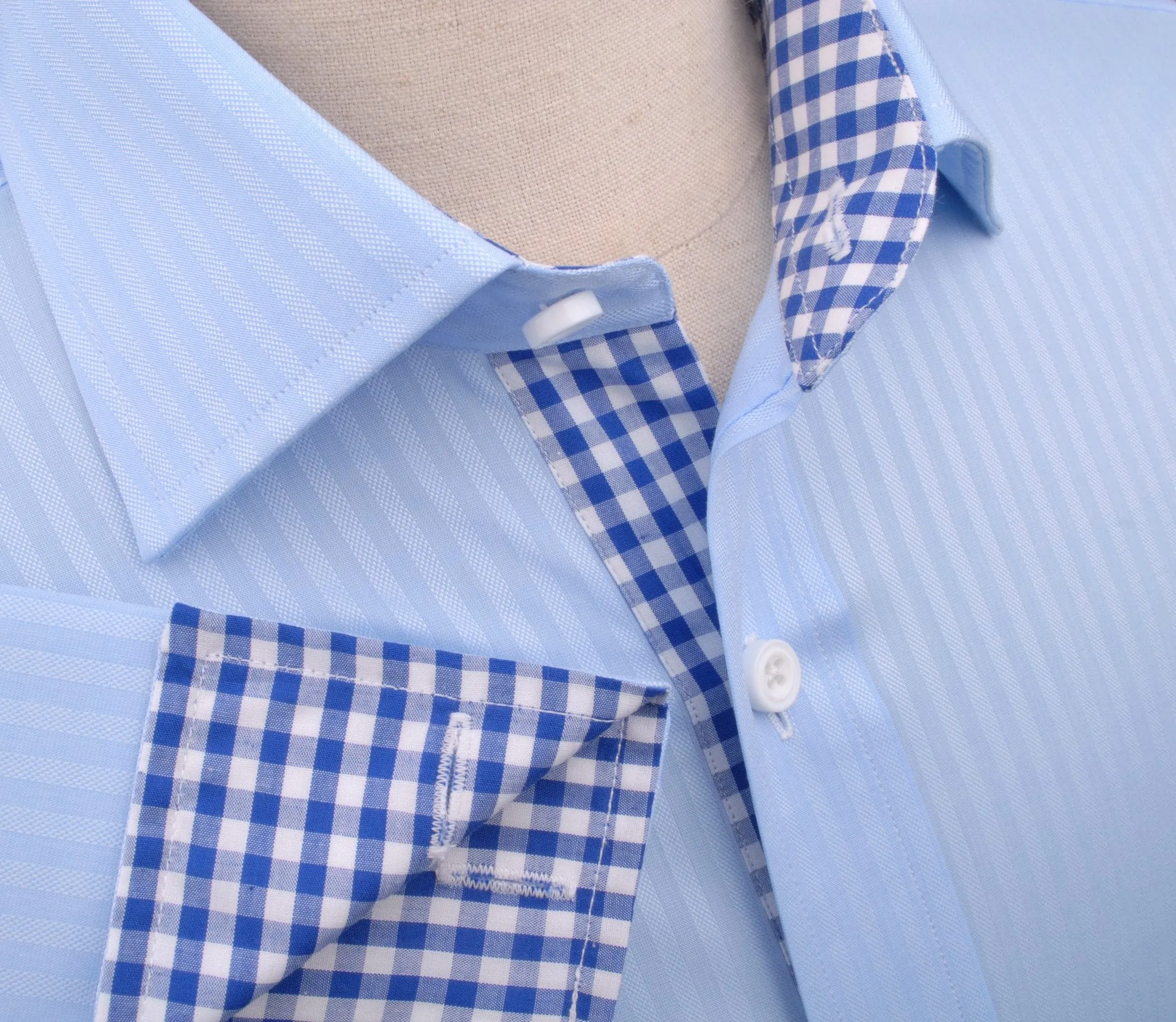 Blue Oxford Striped Formal Business Dress Shirt with Gingham Check Inner-Lining