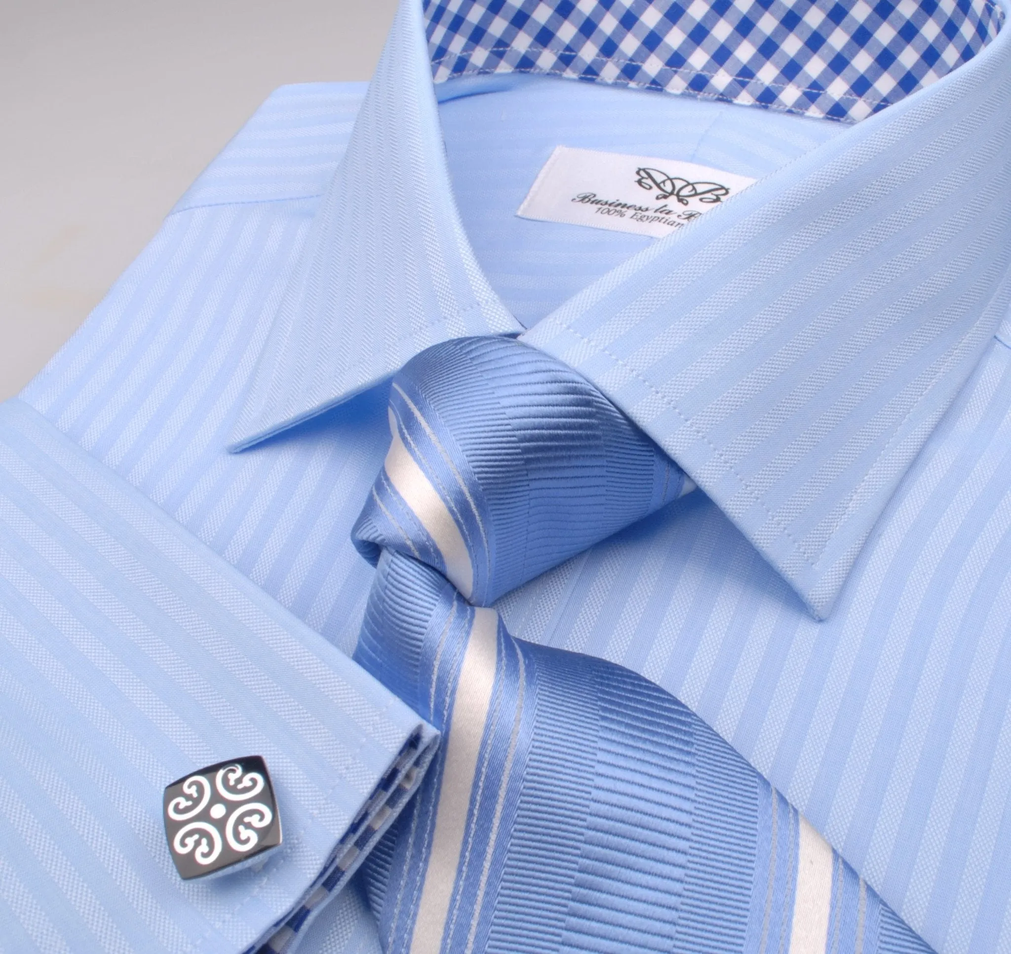 Blue Oxford Striped Formal Business Dress Shirt with Gingham Check Inner-Lining