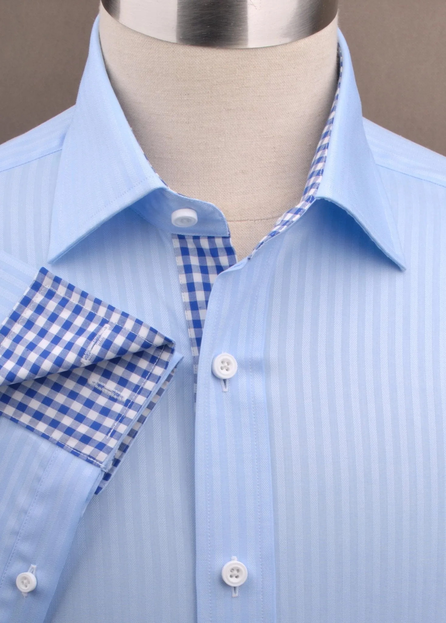 Blue Oxford Striped Formal Business Dress Shirt with Gingham Check Inner-Lining