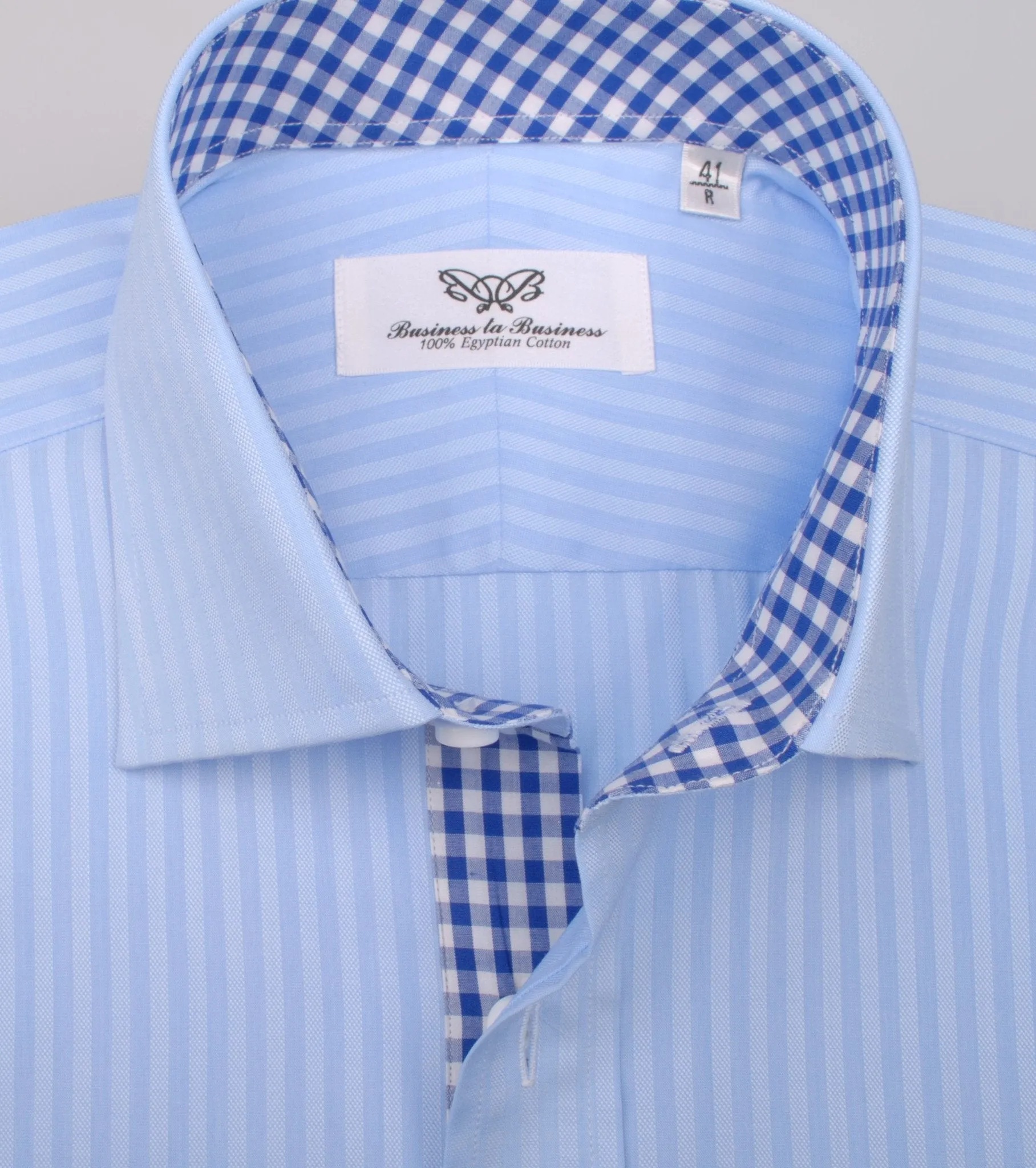 Blue Oxford Striped Formal Business Dress Shirt with Gingham Check Inner-Lining