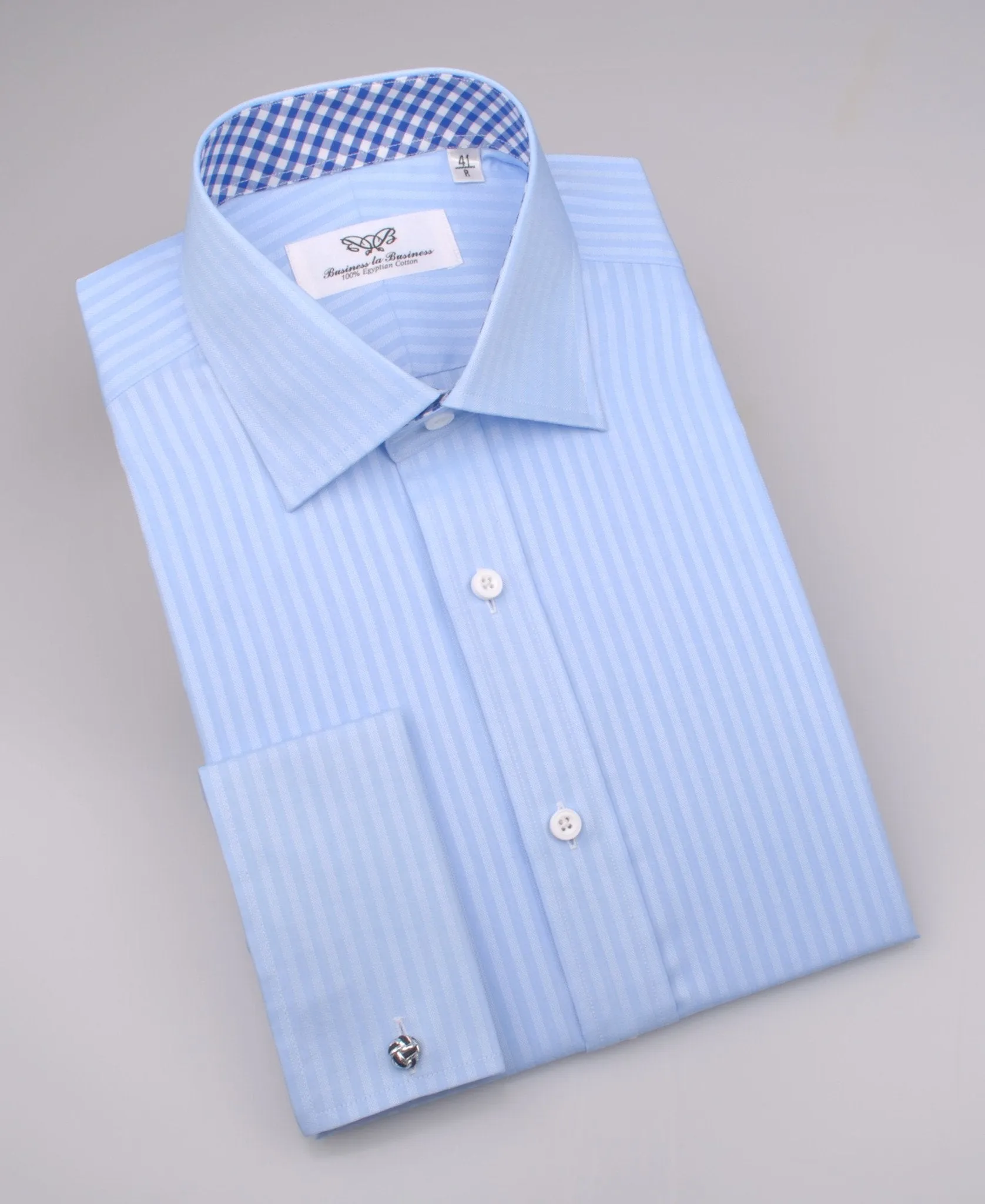 Blue Oxford Striped Formal Business Dress Shirt with Gingham Check Inner-Lining