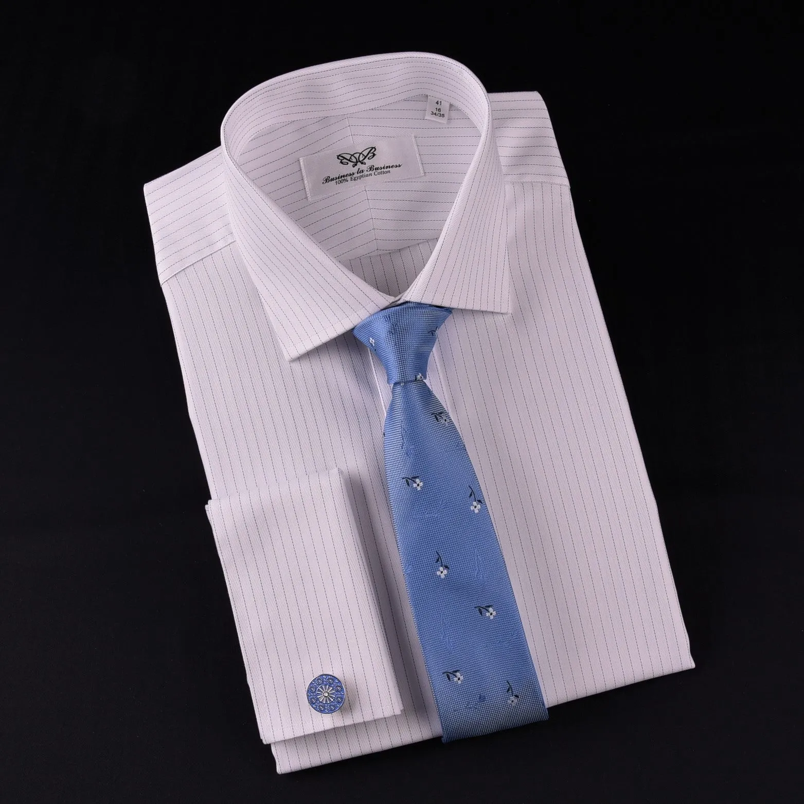 Blue Thin Stripe Formal Business Dress Shirt Egyptian Cotton Men's Twill Luxury in French Cuff with Spread Collar