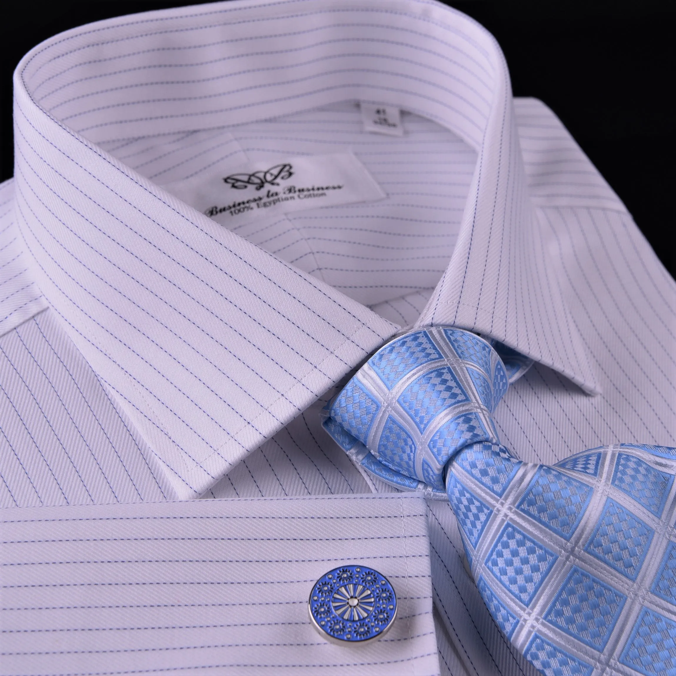 Blue Thin Stripe Formal Business Dress Shirt Egyptian Cotton Men's Twill Luxury in French Cuff with Spread Collar