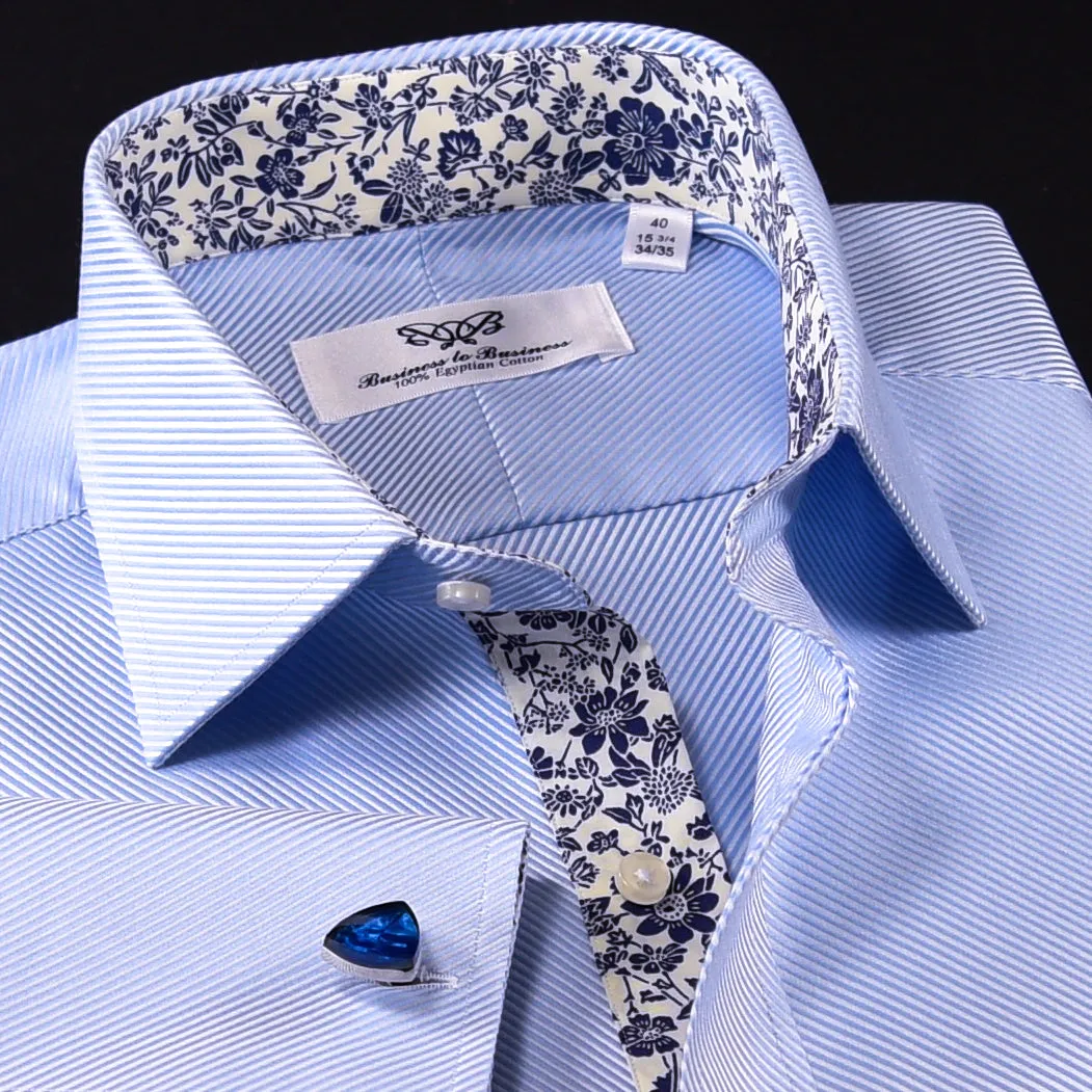 Blue Twill Formal Business Dress Shirt With Floral Inner Lining