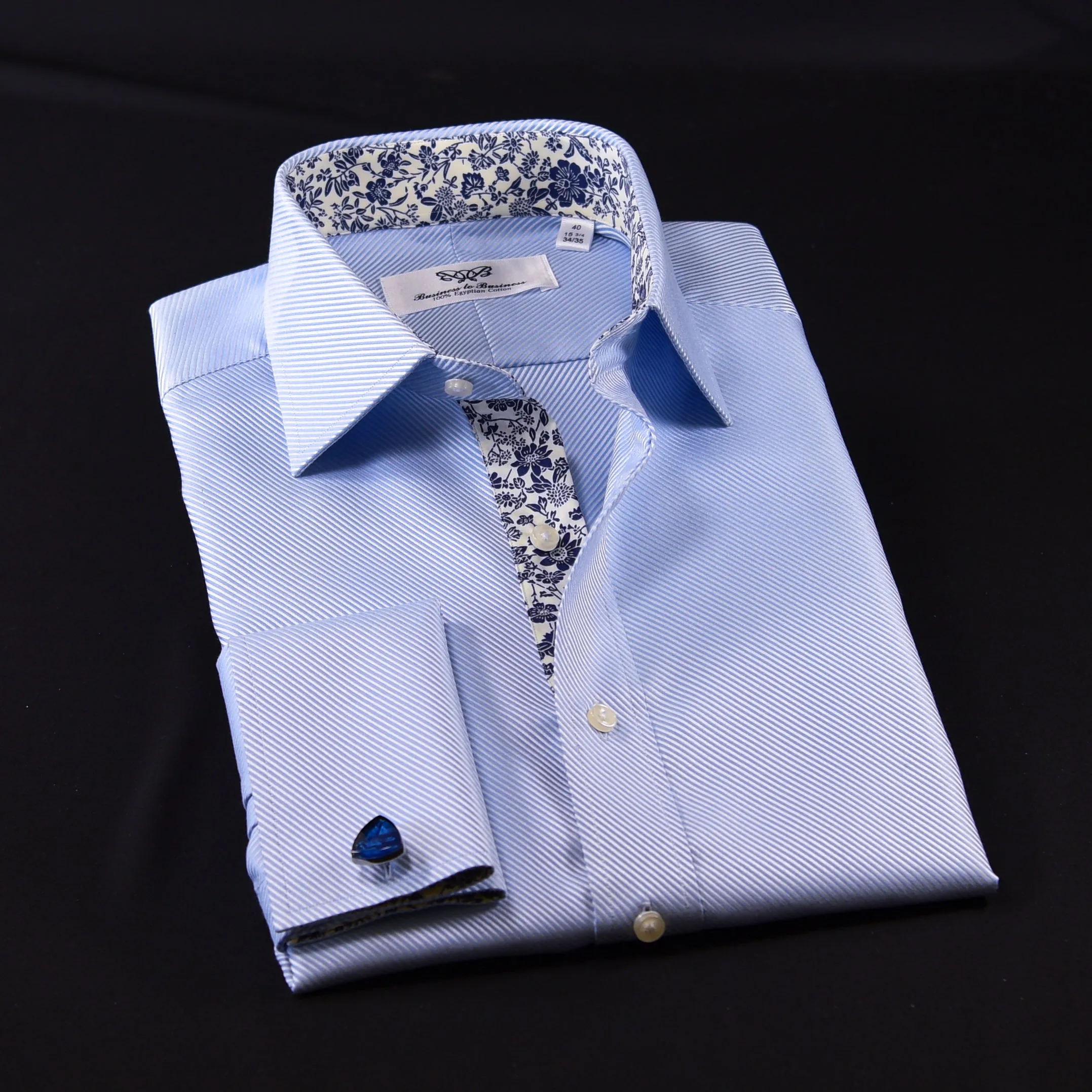 Blue Twill Formal Business Dress Shirt With Floral Inner Lining