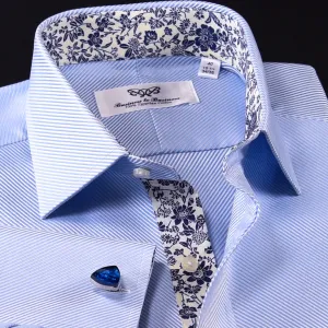 Blue Twill Formal Business Dress Shirt With Floral Inner Lining