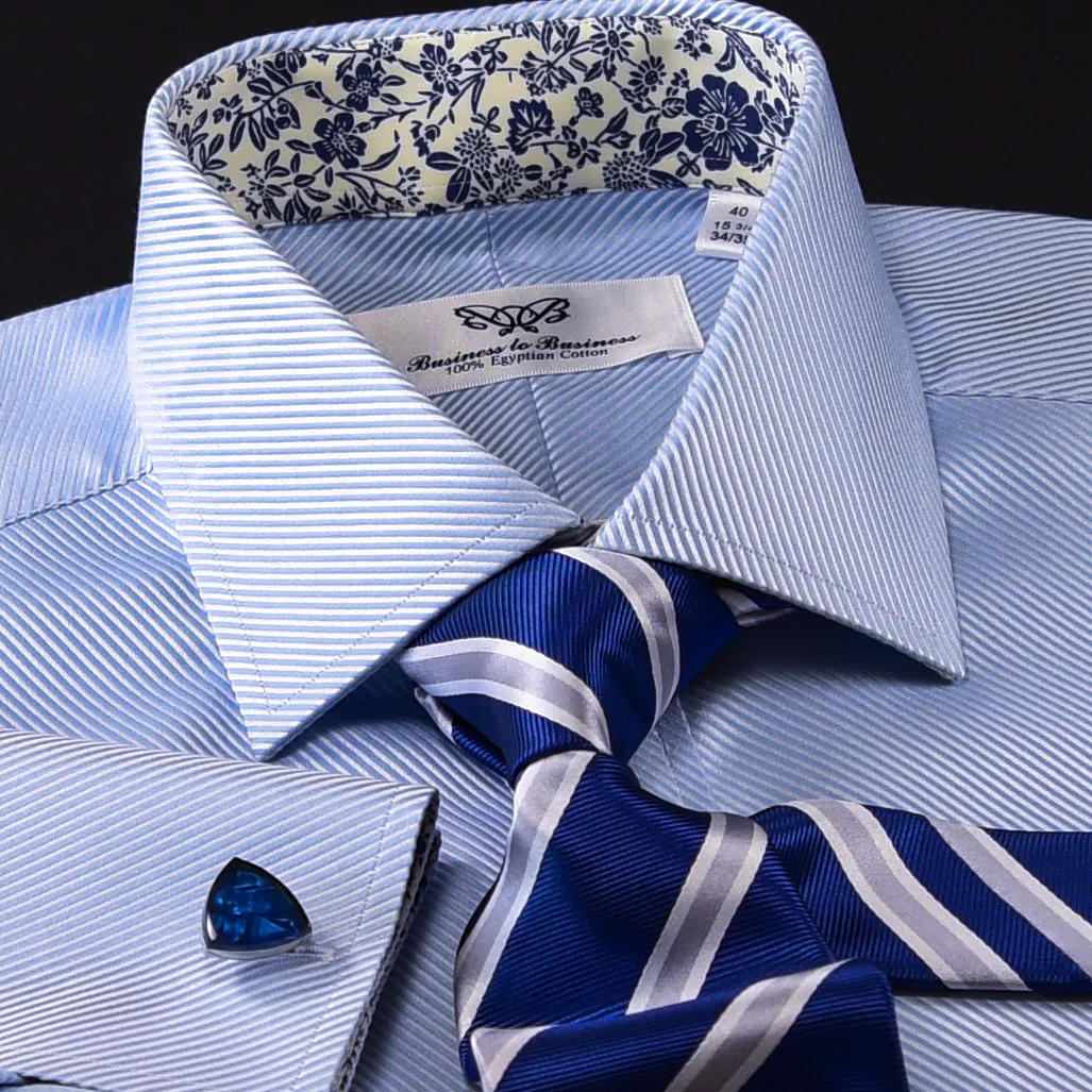 Blue Twill Formal Business Dress Shirt With Floral Inner Lining