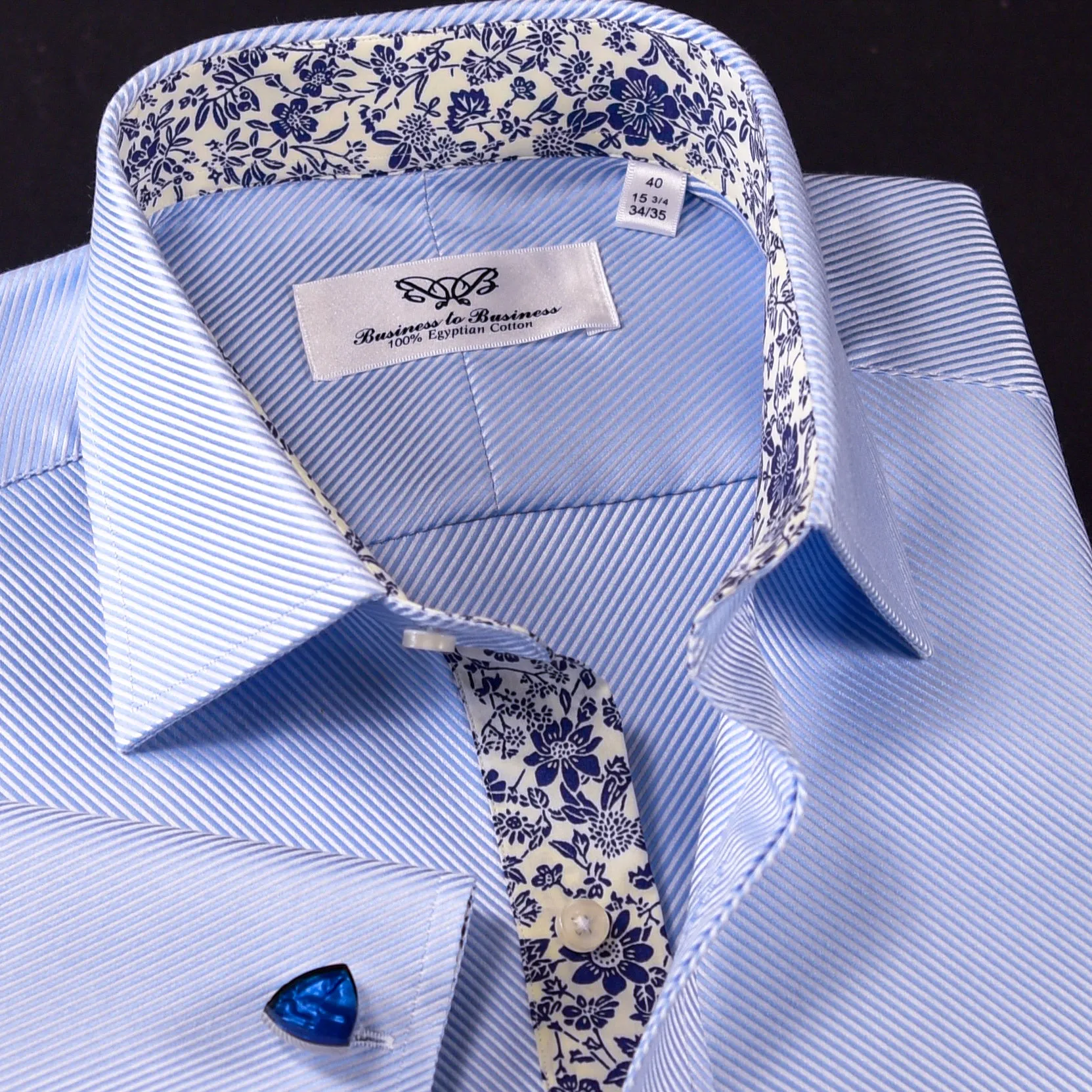 Blue Twill Formal Business Dress Shirt With Floral Inner Lining