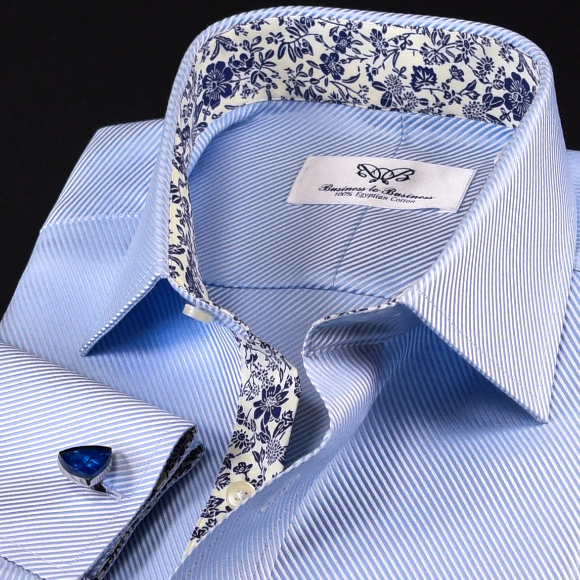 Blue Twill Formal Business Dress Shirt With Floral Inner Lining