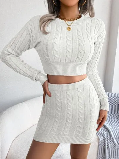 Cable-Knit Round Neck Top and Skirt Sweater Set