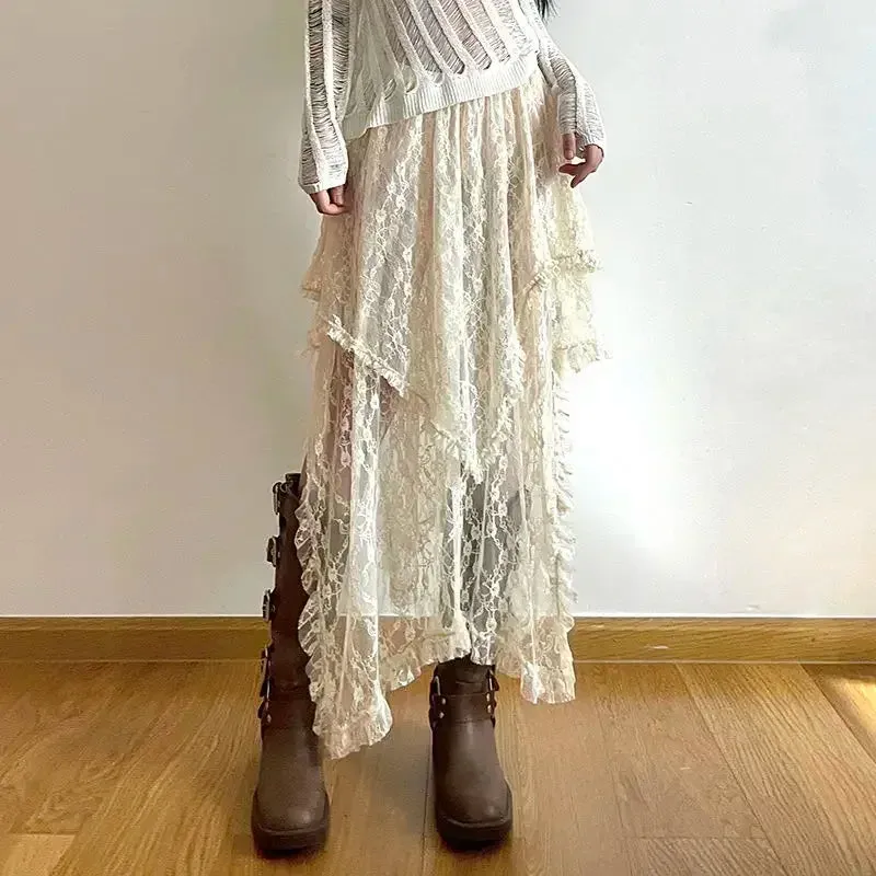 Chic Women Y2k Skirt Lace High Waist Asymmetrical A Line Skirts French Style Fashion Folds Sweet Skirts Vintage Slim Basic Skirt