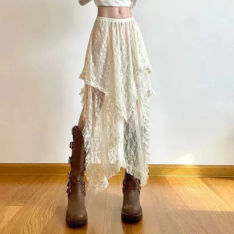 Chic Women Y2k Skirt Lace High Waist Asymmetrical A Line Skirts French Style Fashion Folds Sweet Skirts Vintage Slim Basic Skirt