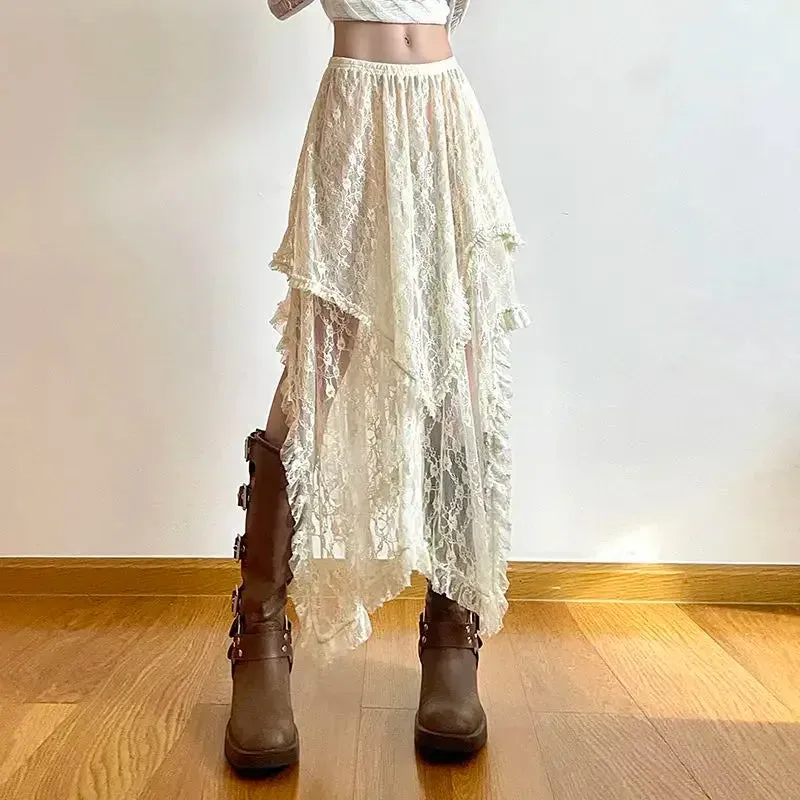 Chic Women Y2k Skirt Lace High Waist Asymmetrical A Line Skirts French Style Fashion Folds Sweet Skirts Vintage Slim Basic Skirt