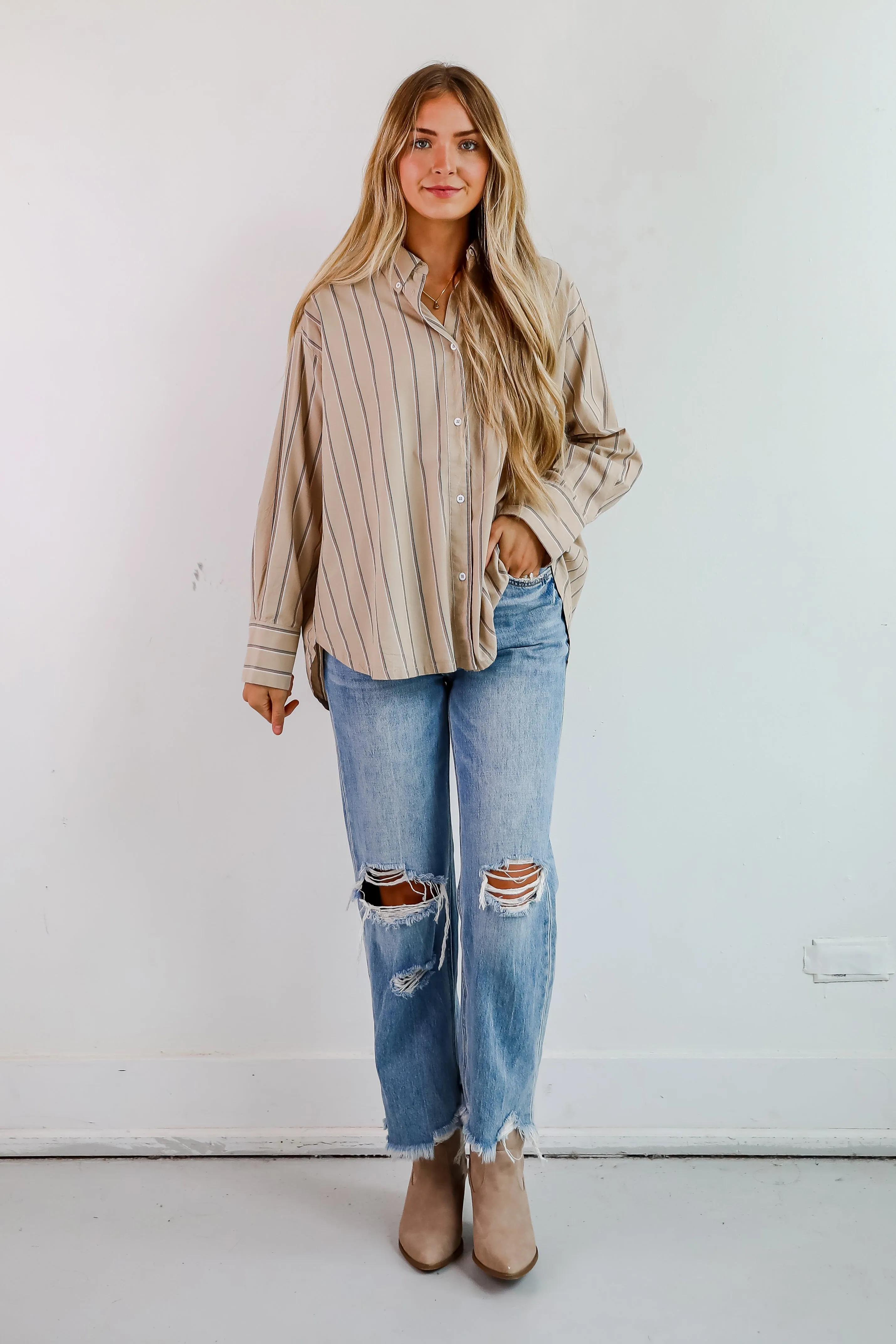 Convincingly Chic Taupe Striped Button-Up Blouse