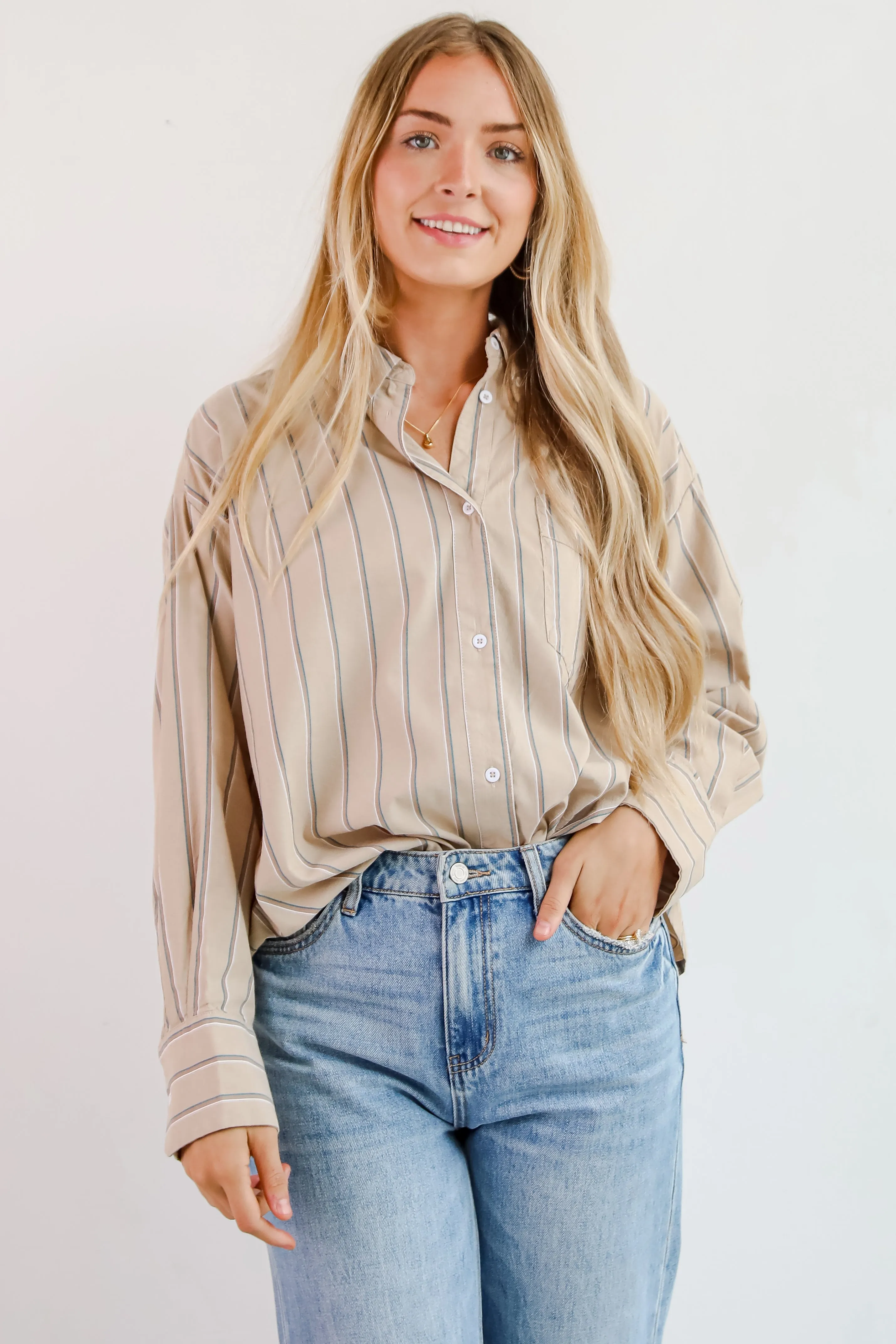 Convincingly Chic Taupe Striped Button-Up Blouse