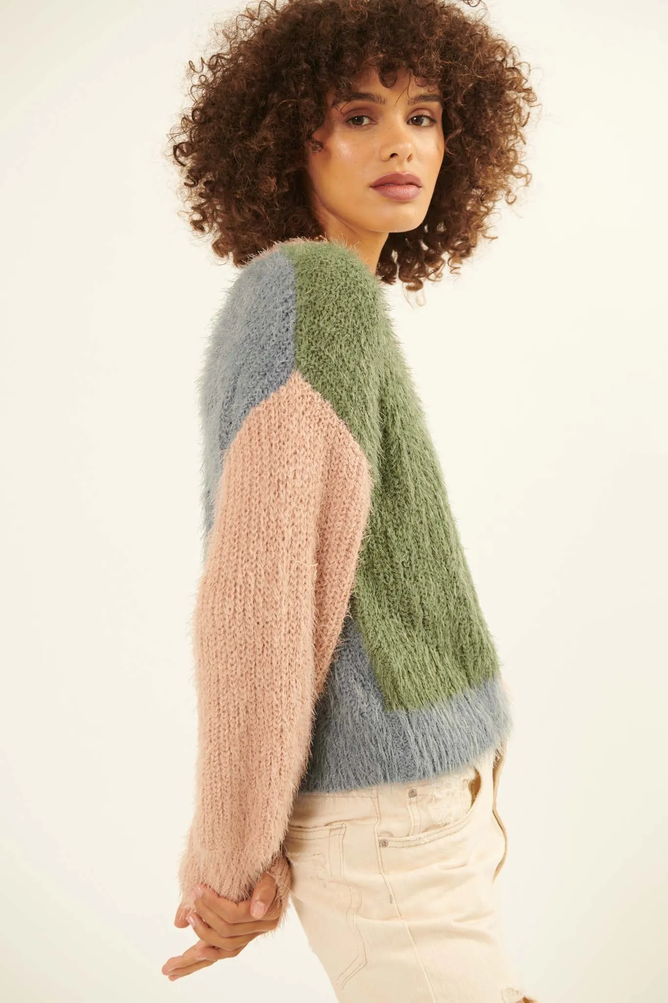 Cozy Heart Furry Knit Colorblock Cardigan