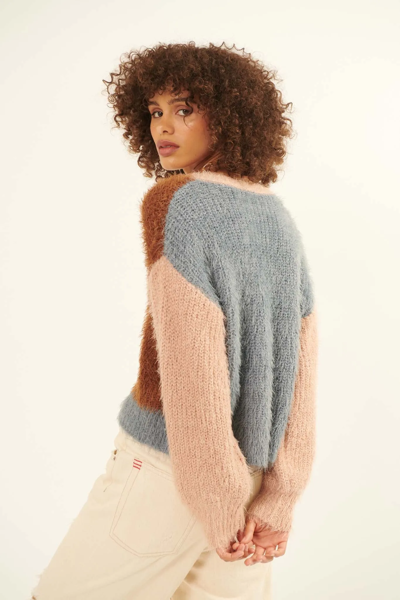 Cozy Heart Furry Knit Colorblock Cardigan