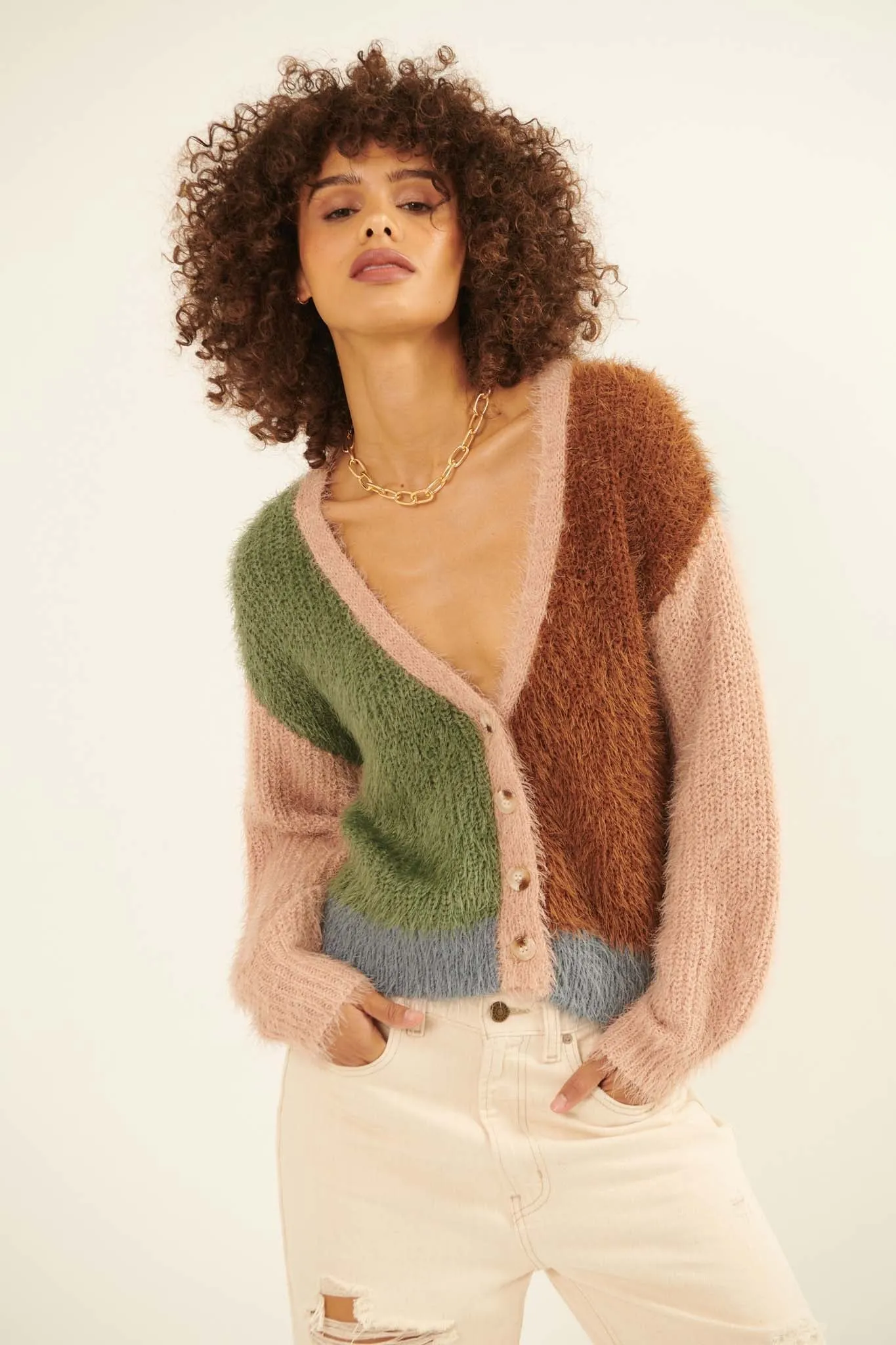 Cozy Heart Furry Knit Colorblock Cardigan