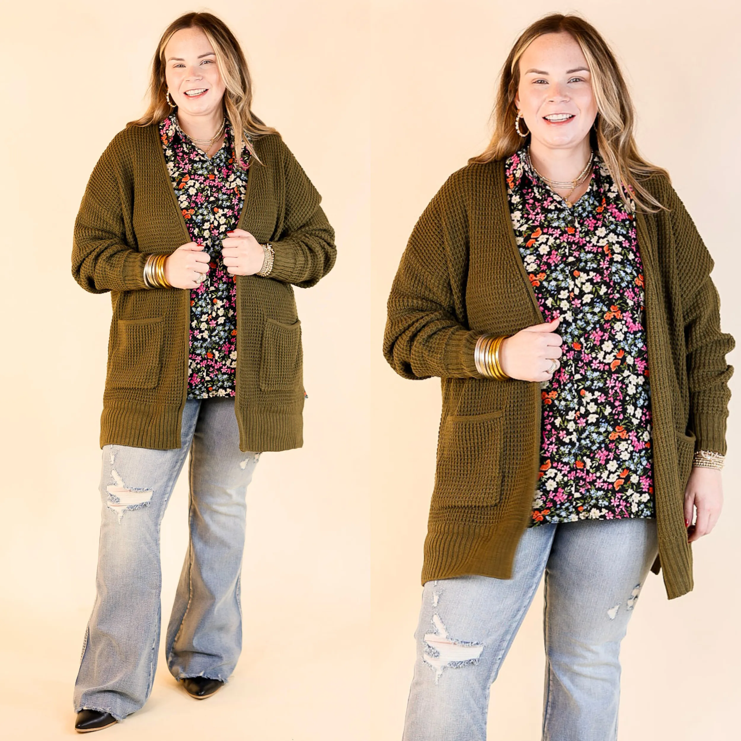 Cozy Layers Waffle Knit Cardigan in Olive Green