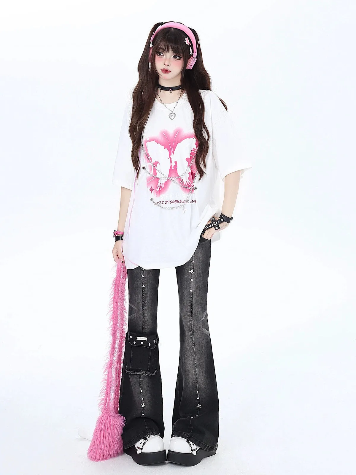 Crazygirl Punk Goth Kawaii Dream God Pants Retro High-Waist Slim Denim Pants for Women