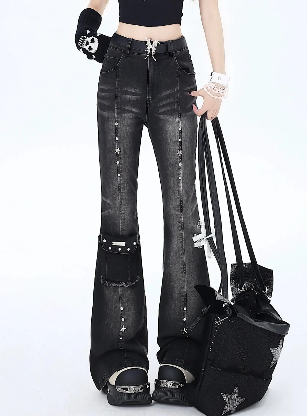 Crazygirl Punk Goth Kawaii Dream God Pants Retro High-Waist Slim Denim Pants for Women