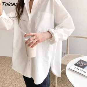 deanwangkt Spring Summer Loose White Shirts Women Fashion Big Pocket Turn Down Collar Woman Blouses  Button Office Blusas Ladies