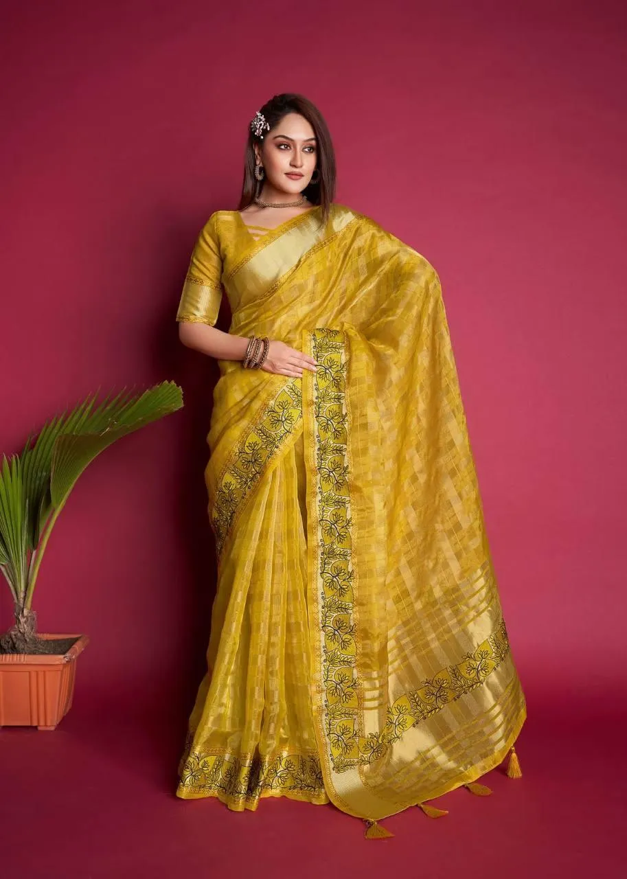 Dijon Yellow Organza Silk  Saree