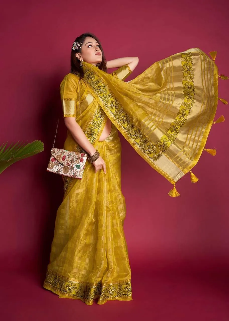 Dijon Yellow Organza Silk  Saree