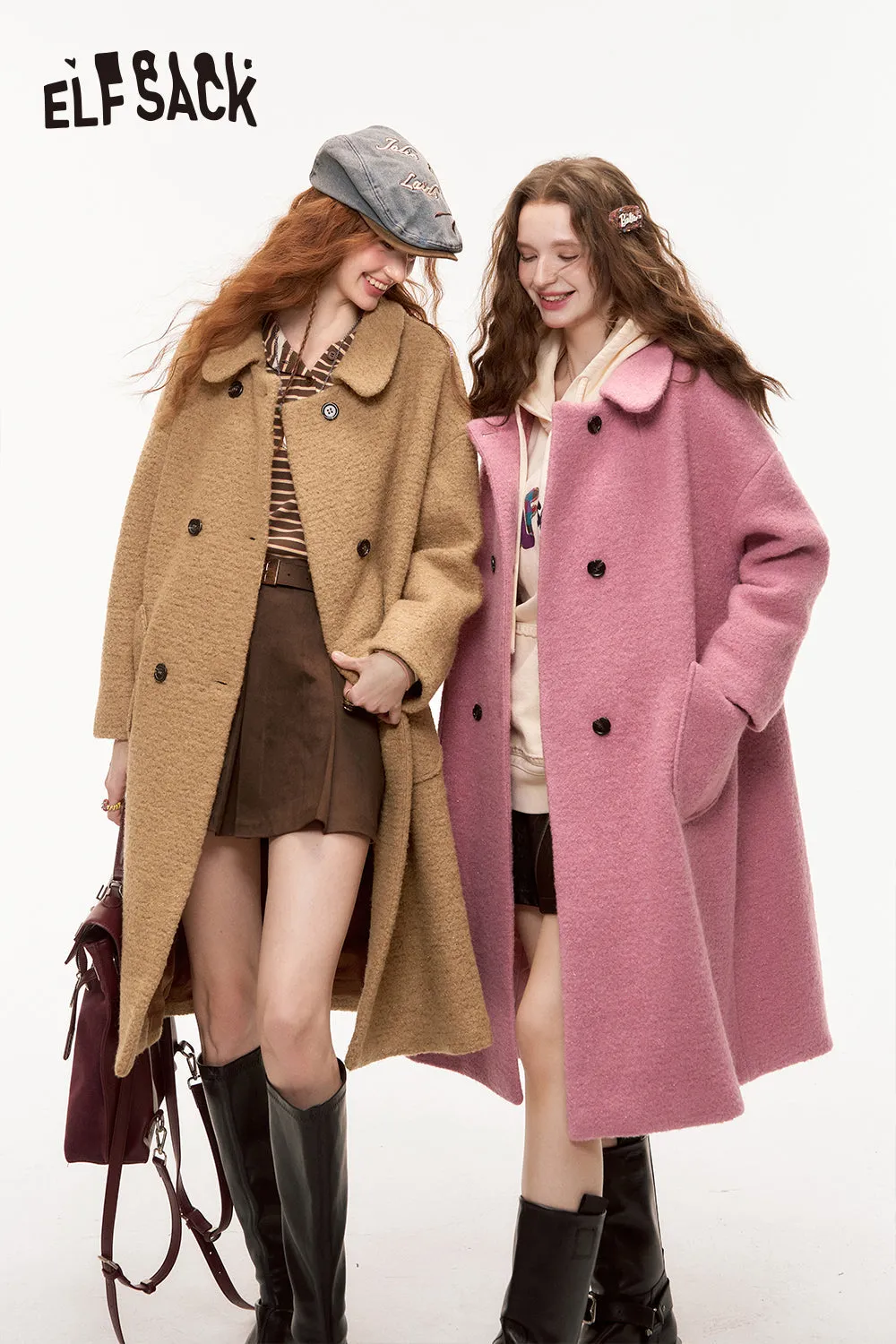 ELFSACK 2024 Autumn New Arrivals Winter New Lurex Retro Woolen Coat for Women Sweet Mid-Length Pink Overcoat