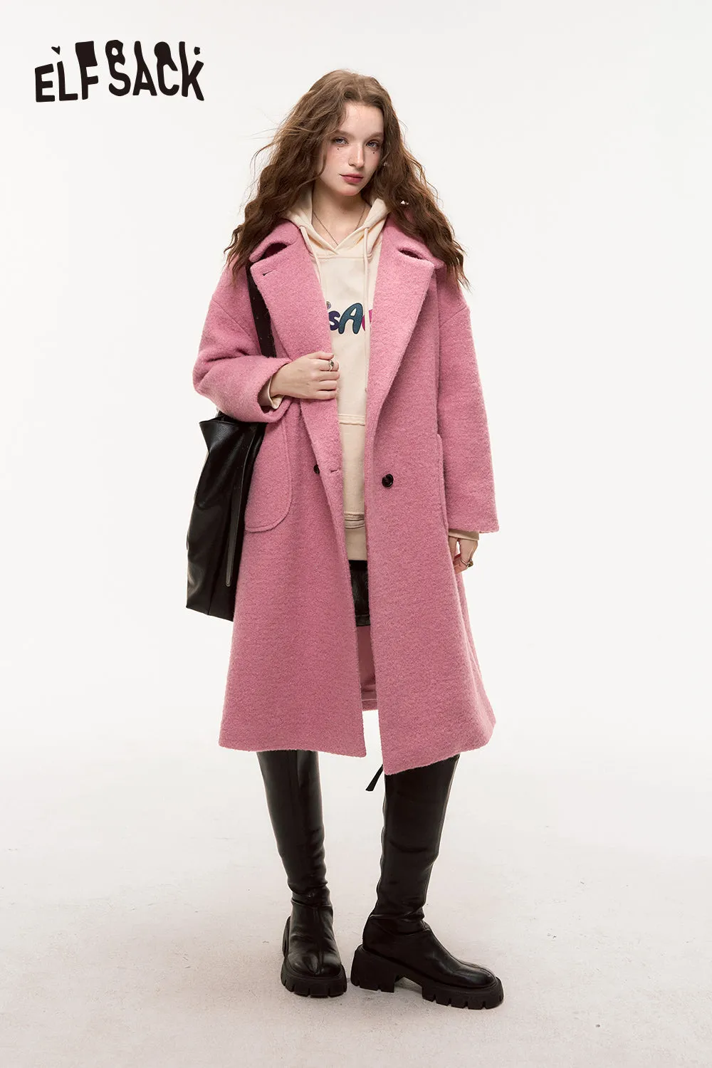 ELFSACK 2024 Autumn New Arrivals Winter New Lurex Retro Woolen Coat for Women Sweet Mid-Length Pink Overcoat