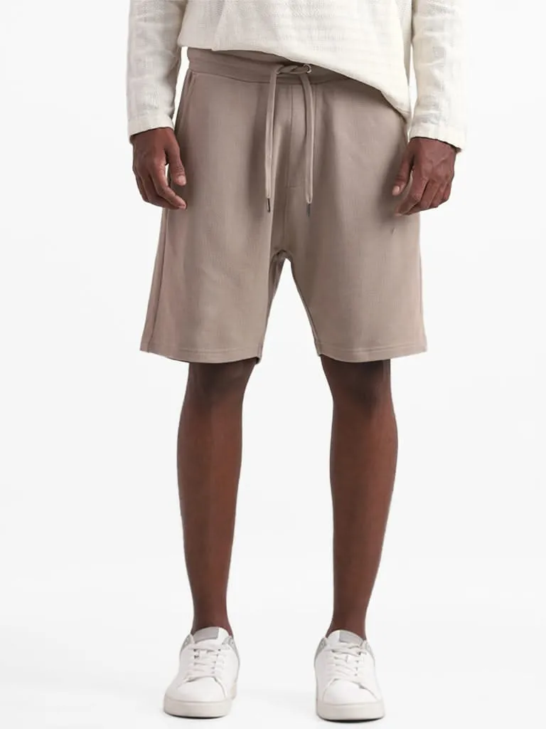 ETA Taupe Solid Cotton Slim-Fit Mid-Rise Shorts