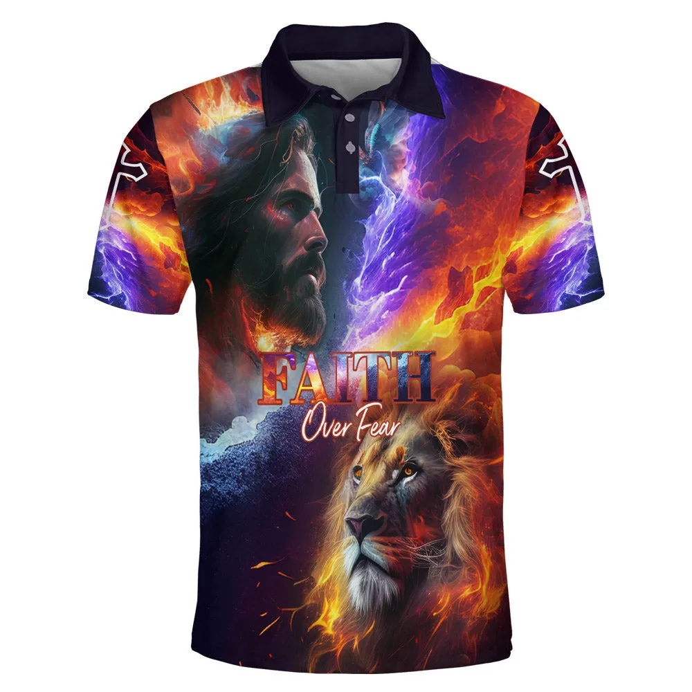 Faith Over Fear Jesus And Lion Polo Shirt - Christian Shirts & Shorts