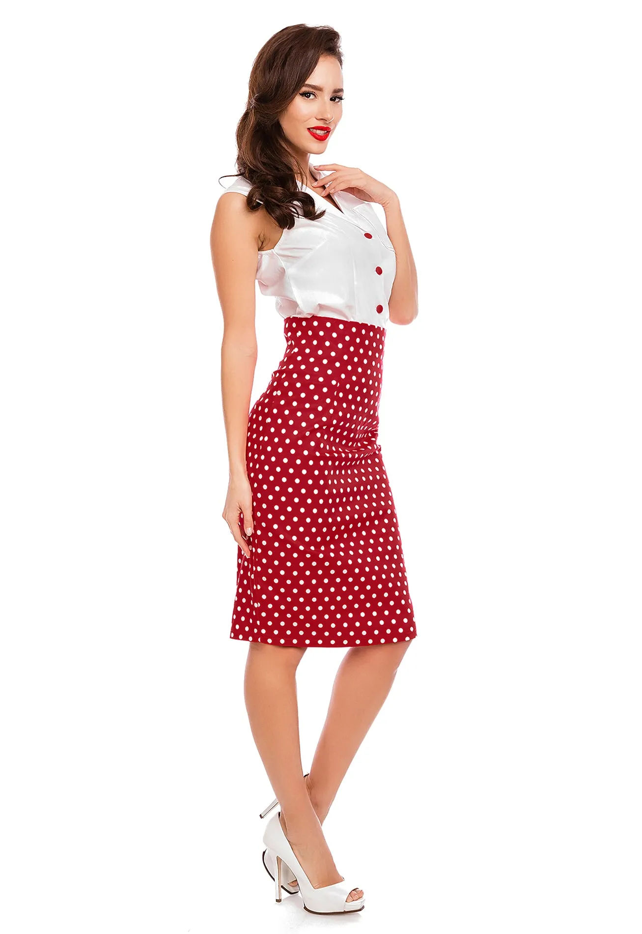 Falda Chic Vintage Inspired Pencil Skirt in Red Polka Print