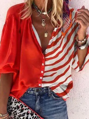 Fashionable Casual Loose Color Matching Lapel Top