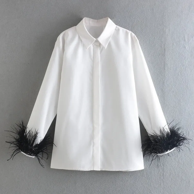 Fashionkova   White Shirt Patchwork Cuff Green Furry Feather Women 2022 Spring Long Sleeve Vintage Chic Loose Blouse Elegant Button Top Casual