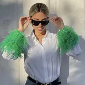 Fashionkova   White Shirt Patchwork Cuff Green Furry Feather Women 2022 Spring Long Sleeve Vintage Chic Loose Blouse Elegant Button Top Casual