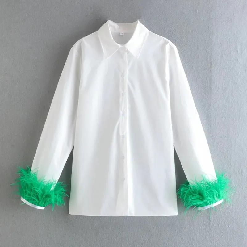 Fashionkova   White Shirt Patchwork Cuff Green Furry Feather Women 2022 Spring Long Sleeve Vintage Chic Loose Blouse Elegant Button Top Casual