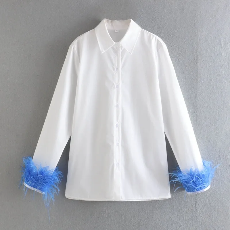 Fashionkova   White Shirt Patchwork Cuff Green Furry Feather Women 2022 Spring Long Sleeve Vintage Chic Loose Blouse Elegant Button Top Casual