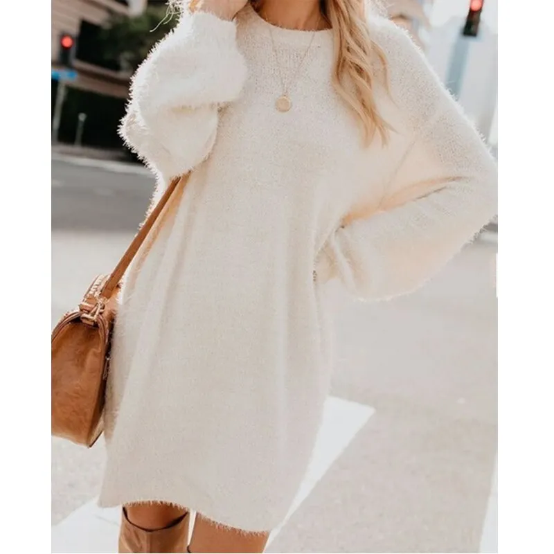 Fashionkova  Women Long Pullovers Sweater Solid O Neck Long Sleeve Casual Loose Plus Size Plush Woolen Soft Winter Pullover Sweaters