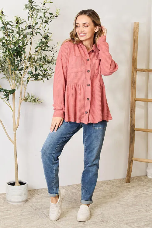 Full Size Waffle-Knit Button Down Blouse